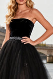 Sparkly Black Beaded A Line Tulle Strapless Long Prom Dress