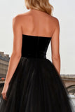 Sparkly Black Beaded A Line Tulle Strapless Long Prom Dress