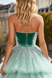 Sparkly Mint Green Velvet Tulle Long Prom Dress with Ruffles