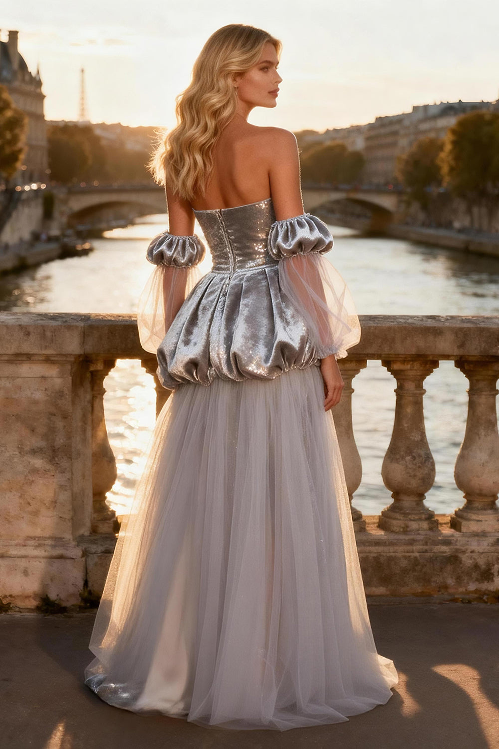 Sparkly Silver Sequin Velvet Long Prom Dress with Slit