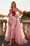 Sparkly Pink Sequin Velvet Long Prom Dress with Cape