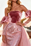 Sparkly Pink Sequin Velvet Long Prom Dress with Cape