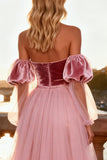 Sparkly Pink Sequin Velvet Long Prom Dress with Cape