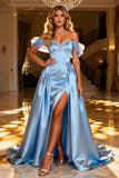 Sparkly Sky Blue Beaded Satin Long Prom Dress with Cape