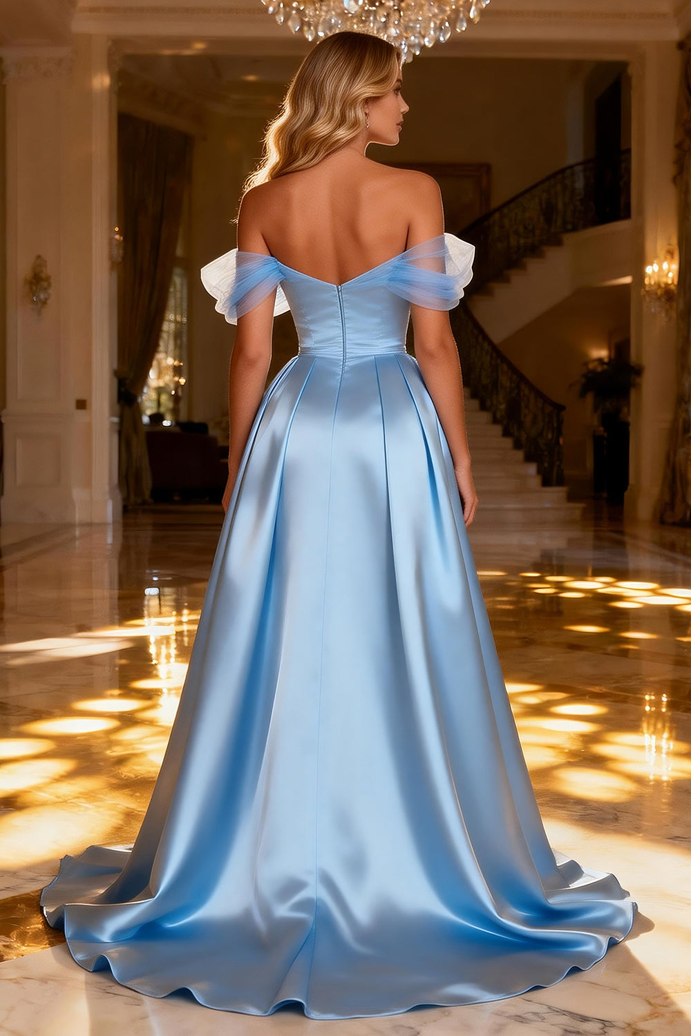 Zapakasa Women Sparkly Sky Blue Satin Long Prom Dress with Cape Beaded
