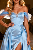 Sparkly Sky Blue Beaded Satin Long Prom Dress with Cape