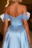 Sparkly Sky Blue Beaded Satin Long Prom Dress with Cape