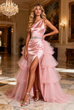 Sparkly Pink Beaded Satin Long Prom Dress with Cape