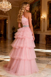 Sparkly Pink Beaded Satin Long Prom Dress with Cape