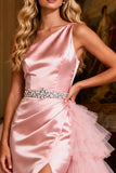 Sparkly Pink Beaded Satin Long Prom Dress with Cape