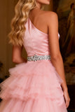 Sparkly Pink Beaded Satin Long Prom Dress with Cape