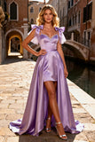 Sparkly Light Purple Beaded Satin High-Low Prom Dress with Bows