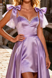 Sparkly Light Purple Beaded Satin High-Low Prom Dress with Bows