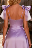 Sparkly Light Purple Beaded Satin High-Low Prom Dress with Bows