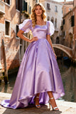 Sparkly Light Purple A Line Beaded Satin Long Prom Dress with Sleeves