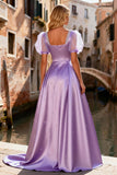 Sparkly Light Purple A Line Beaded Satin Long Prom Dress with Sleeves