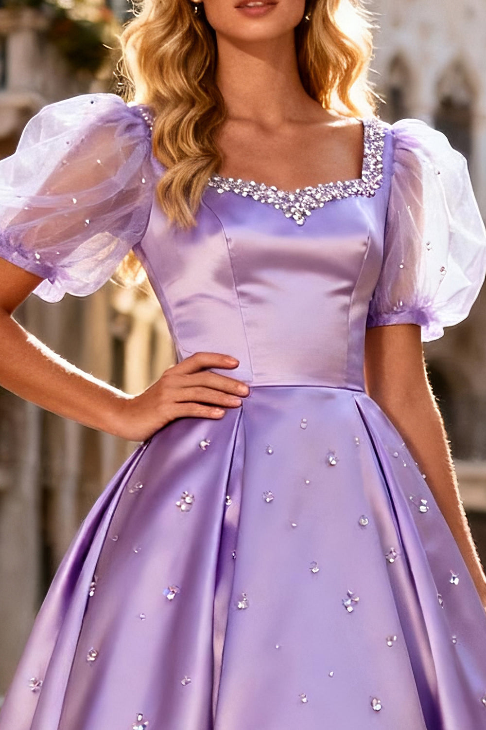 Sparkly Light Purple A Line Beaded Satin Long Prom Dress with Sleeves
