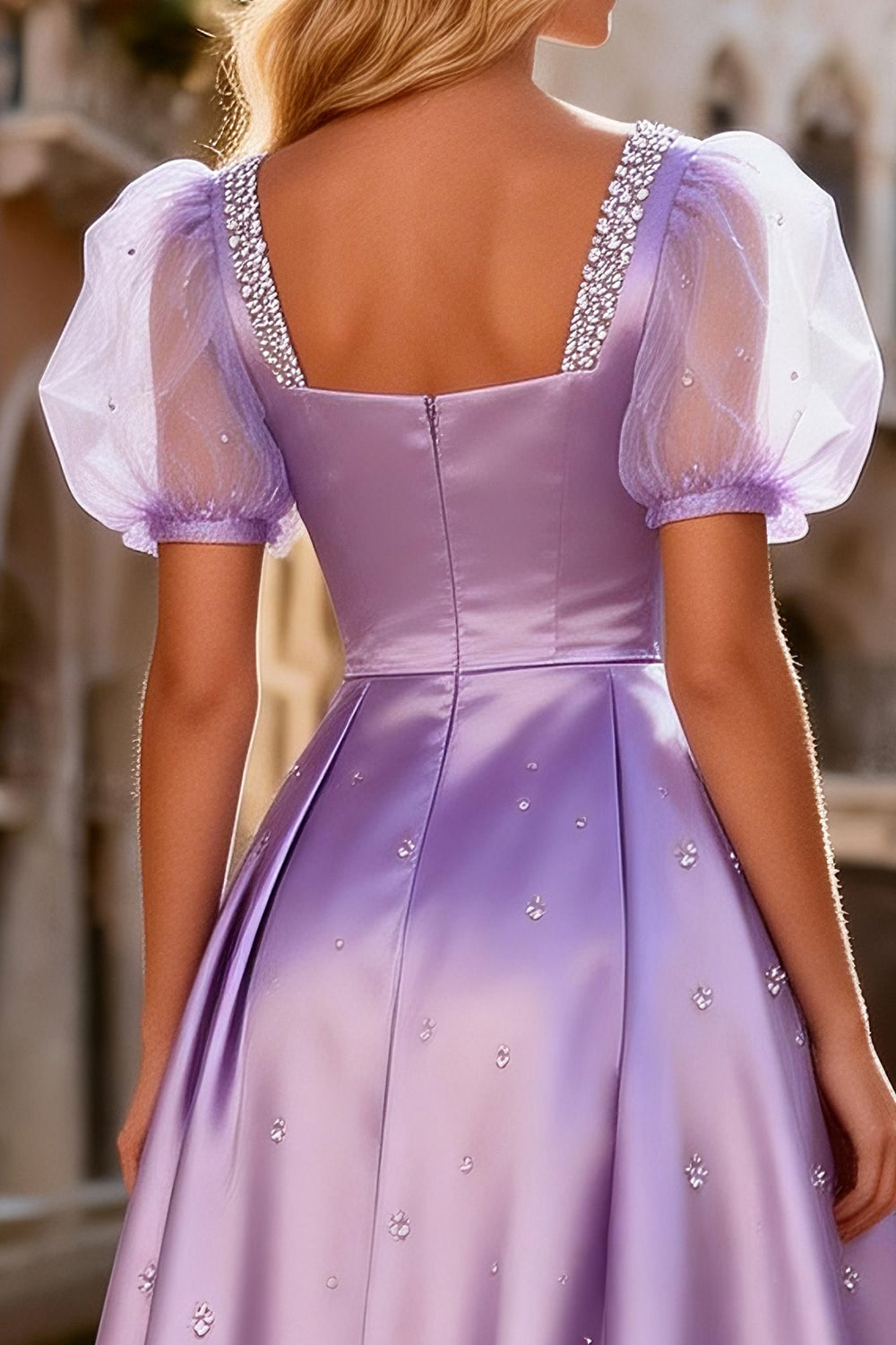 Sparkly Light Purple A Line Beaded Satin Long Prom Dress with Sleeves