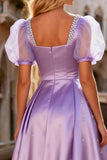Sparkly Light Purple A Line Beaded Satin Long Prom Dress with Sleeves