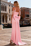 Sparkly Pink Satin Beaded Mermaid Long Prom Dress with Bow