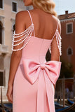 Sparkly Pink Satin Beaded Mermaid Long Prom Dress with Bow