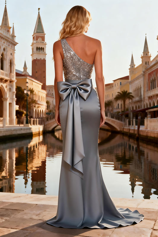 Sparkly Grey Sequin One Shoulder Long Prom Dress with Bow