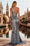 Sparkly Grey Sequin One Shoulder Long Prom Dress with Bow