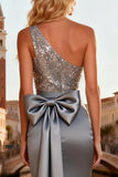 Sparkly Grey Sequin One Shoulder Long Prom Dress with Bow