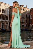 Sparkly Mint Green Beaded Satin Long Prom Dress with Slit