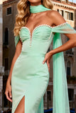 Sparkly Mint Green Beaded Satin Long Prom Dress with Slit