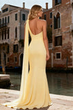 Sparkly Light Yellow Mermaid Pearls Long Prom Dress with Slit