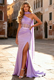 Light Purple Satin Mermaid Long Corset Prom Dress with Slit