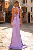 Light Purple Satin Mermaid Long Corset Prom Dress with Slit