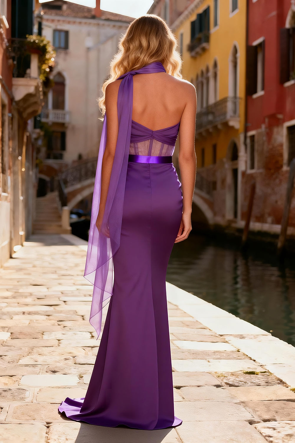 Purple Satin One Shoulder Long Corset Prom Dress with Slit