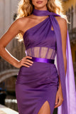 Purple Satin One Shoulder Long Corset Prom Dress with Slit