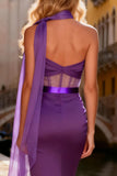 Purple Satin One Shoulder Long Corset Prom Dress with Slit
