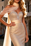 Sparkly Champagne Mermaid Beaded Sweetheart Long Prom Dress