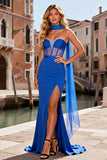 Sparkly Royal Blue Mermaid Beaded Long Corset Prom Dress with Slit