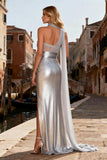 Sparkly Silver Beaded Metallic Mermaid Long Prom Dress with Slit
