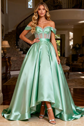 Sparkly Mint Green Satin Off the Shoulder Beaded Long Corset Prom Dress