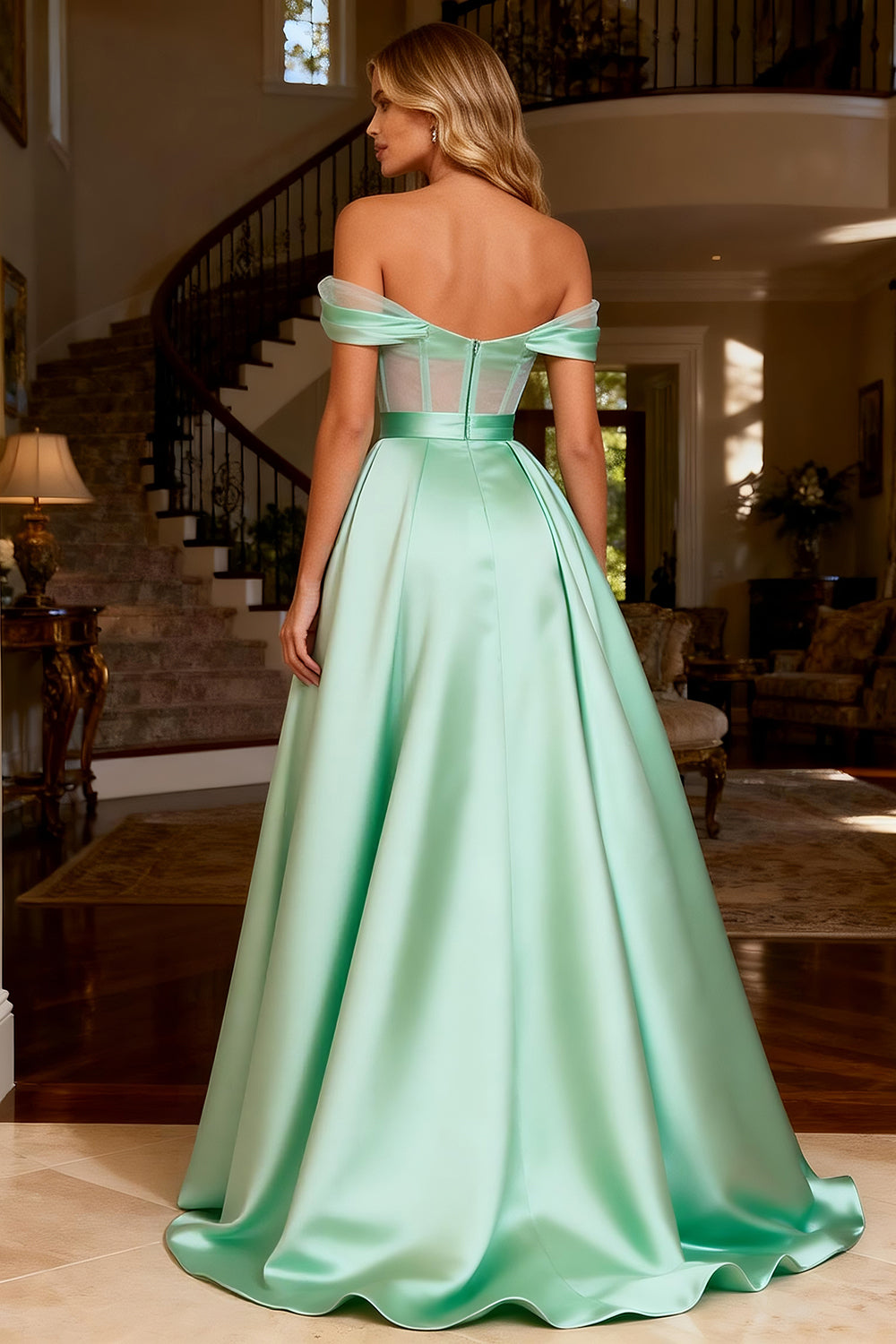 Sparkly Mint Green Satin Off the Shoulder Beaded Long Corset Prom Dress