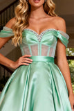 Sparkly Mint Green Satin Off the Shoulder Beaded Long Corset Prom Dress