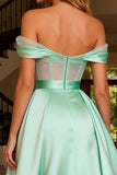 Sparkly Mint Green Satin Off the Shoulder Beaded Long Corset Prom Dress