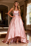 Sparkly Pink Beaded Sweetheart Satin Long Corset Prom Dress