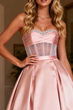 Sparkly Pink Beaded Sweetheart Satin Long Corset Prom Dress
