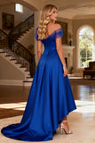 Sparkly Royal Blue Beaded A Line Satin Long Prom Dress