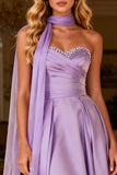Sparkly Light Purple Beaded Neck Scarf A Line Satin Long Prom Dress