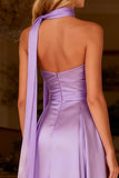 Sparkly Light Purple Beaded Neck Scarf A Line Satin Long Prom Dress