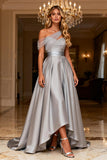 Sparkly Grey A Line Satin One Shoulder Long Prom Dress with Bow