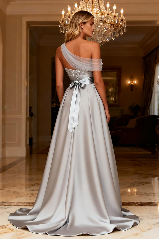Sparkly Grey A Line Satin One Shoulder Long Prom Dress with Bow